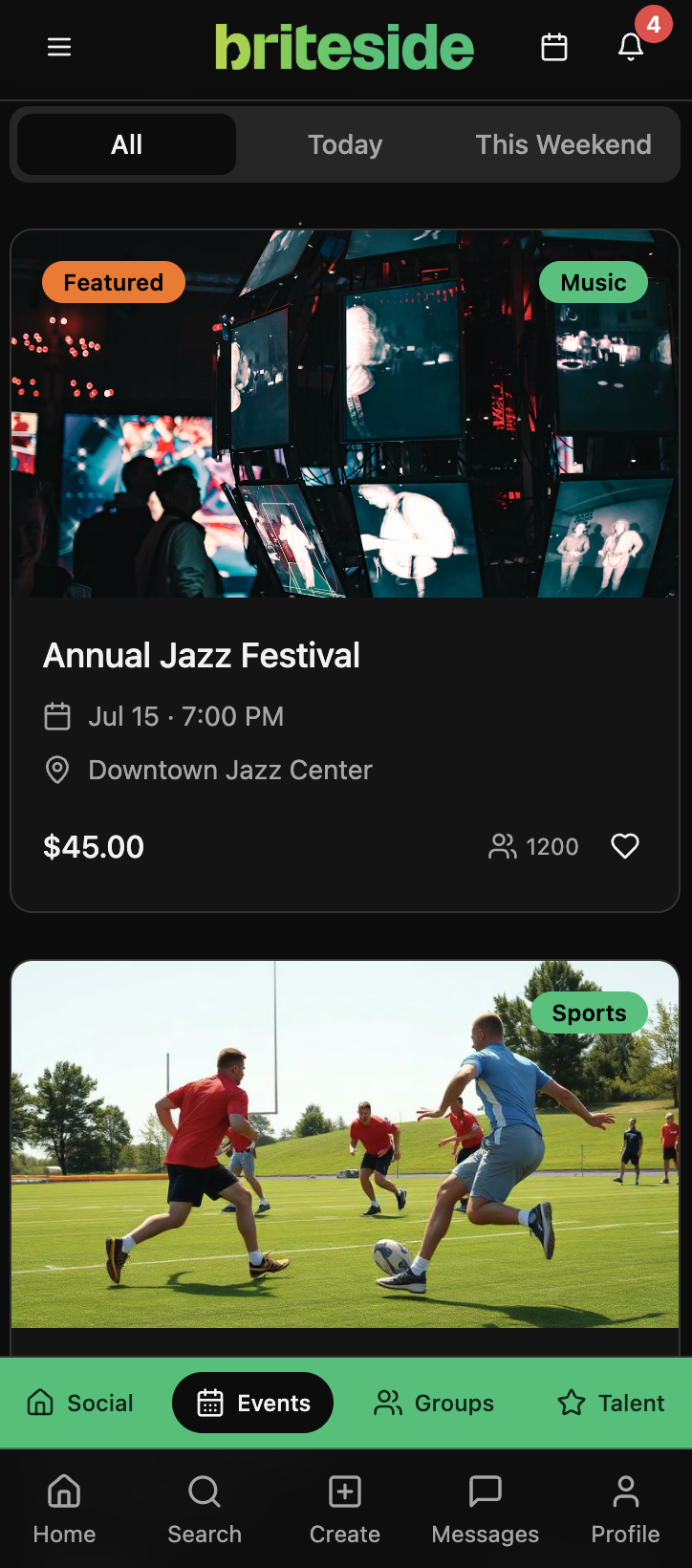 Briteside Events screen showing featured events and categories